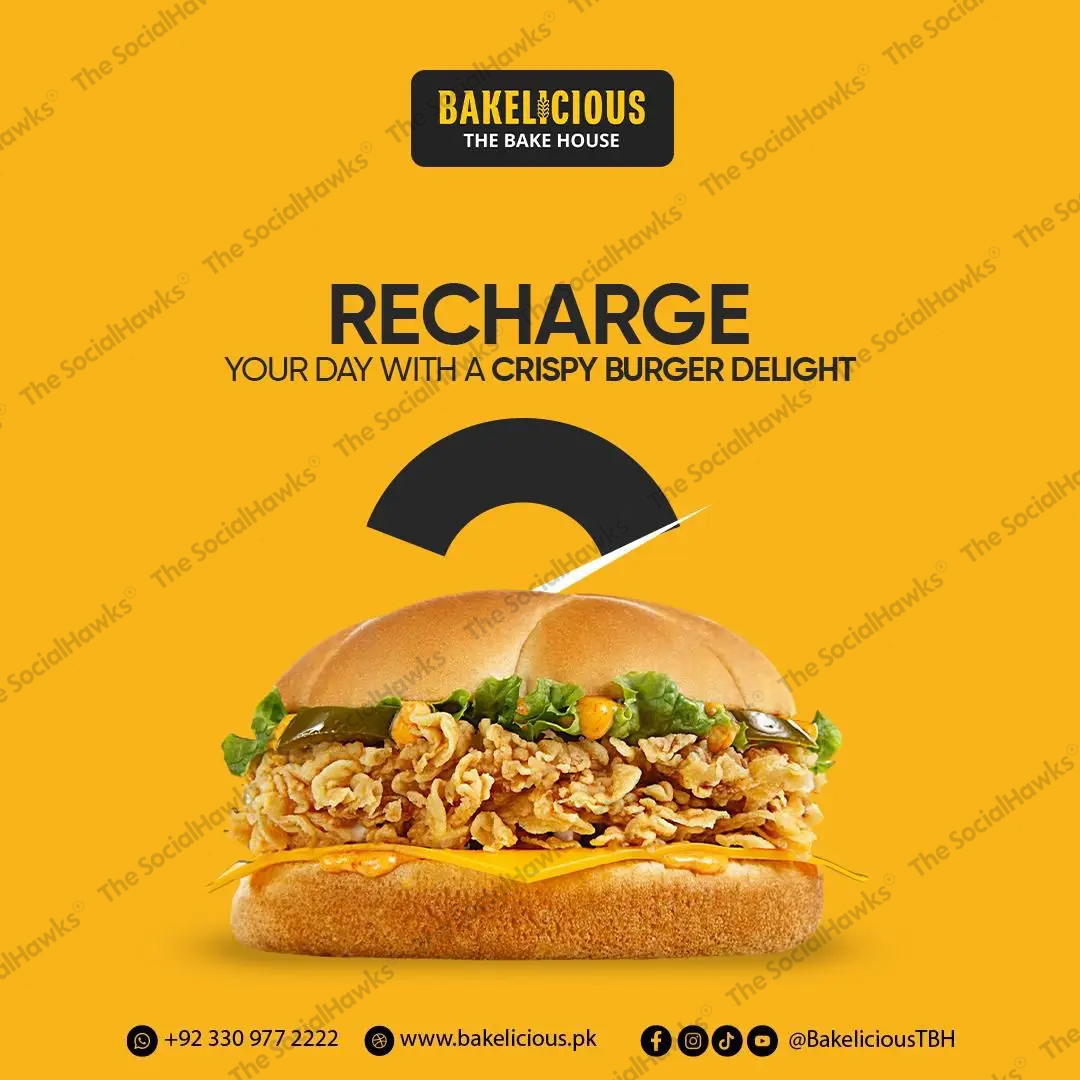 Bakelicious crispy burger recharge ad with fried chicken burger on yellow background